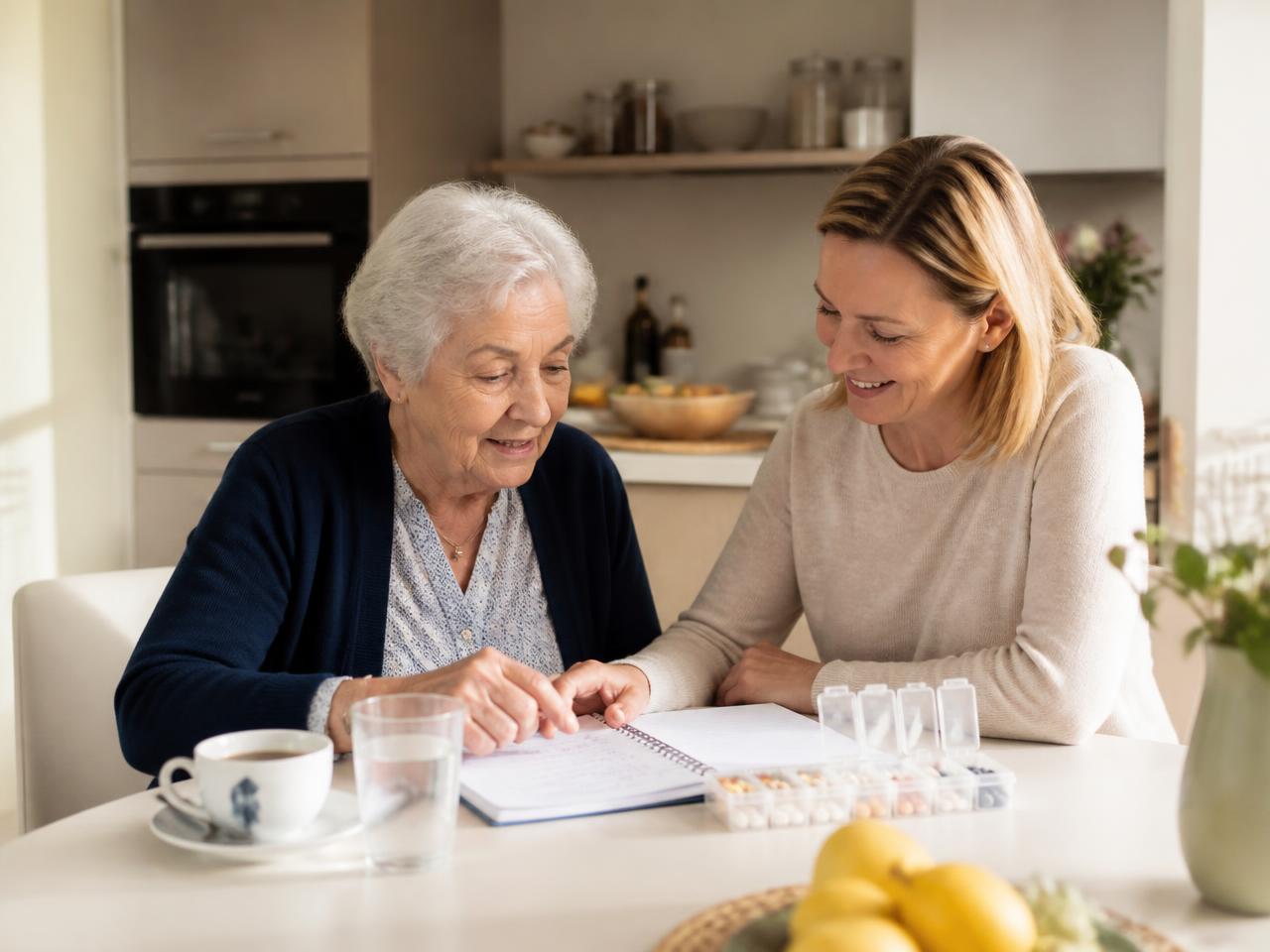 Seniorka wraz z córką planują przyjmowanie leków przy kuchennym stole
